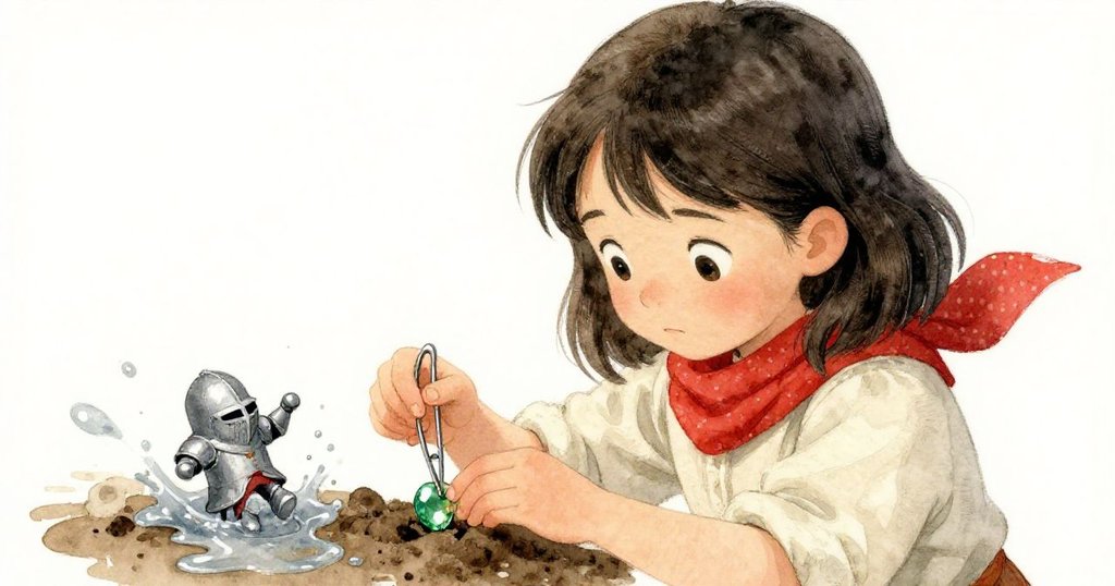 米拉小心使用髮夾撬取嵌入砂漿中的綠寶石，意外使微小騎士雕像跌入汞漿中，她臉上流露出堅決與驚訝。