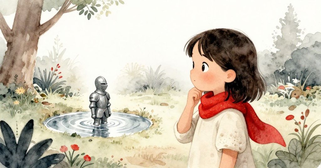 米拉在微風平息後整理衣袖，站在老庭院中凝望著破損屋頂透入的微光和汞漿中孤獨的騎士，畫面散發著未來冒險的期待。