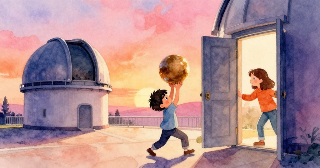 Leo手持銅球，Mira開啟天文台大門，明亮溫暖的室內充滿期待與決心，開始修復行星裝置