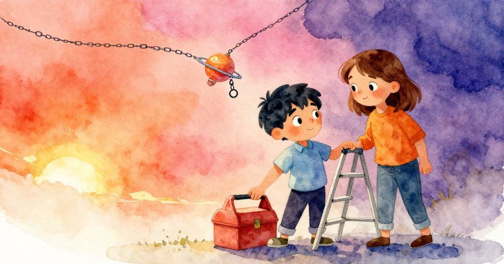 Mira擺放工具箱和梯子，Leo檢查行星鏈條中不規則的環節，空間寬廣充滿細節