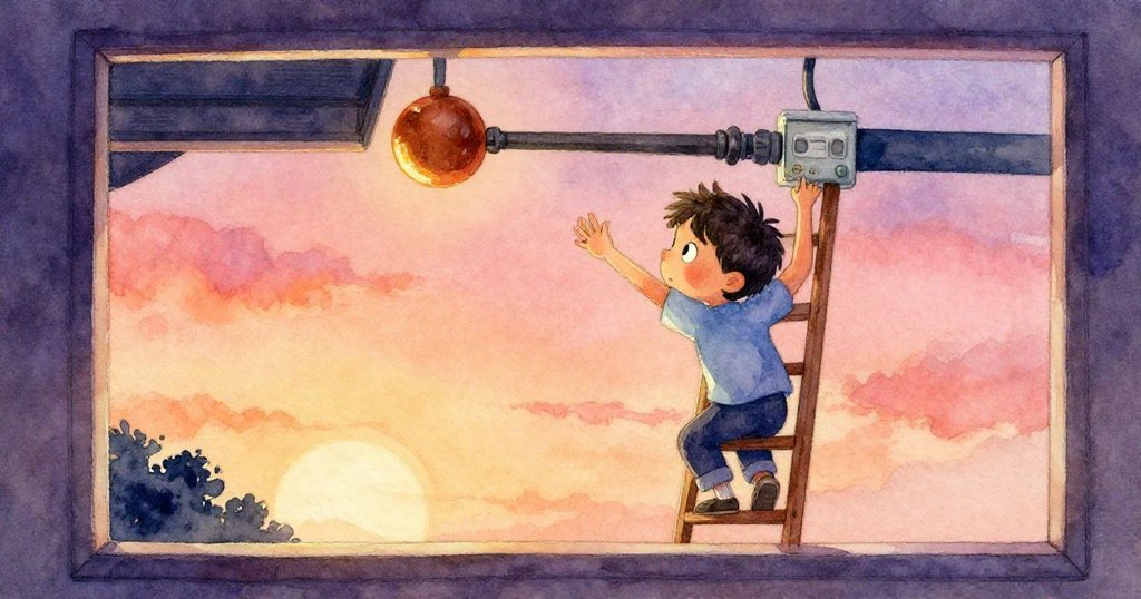 透過窗戶可見Leo爬梯伸手追銅球，銅球滑向接線盒，內部機械細節明顯，氣氛緊張