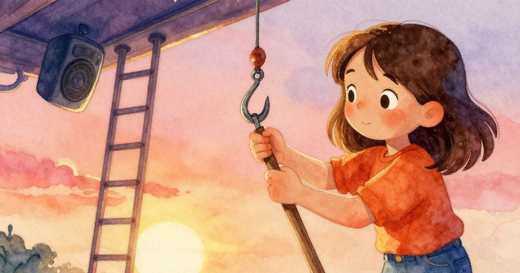 Mira調整梯子並用長桿製作鉤子，雙手專注操作，背景出現天花板揚聲器和機械結構