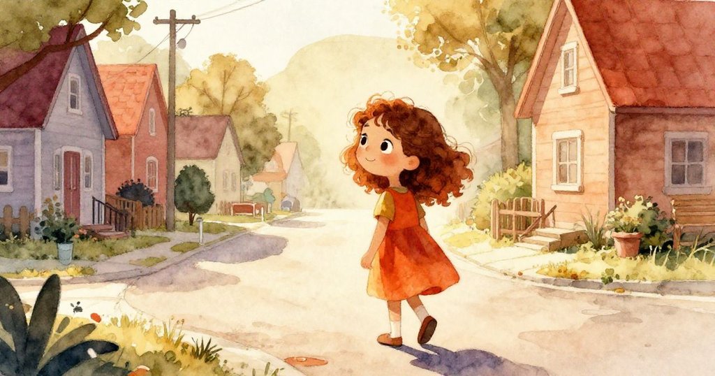 艾拉在溫暖的晨光中走出家門，手握閃亮硬幣，剪影映襯著明亮背景，展現期待與啟程的情感。