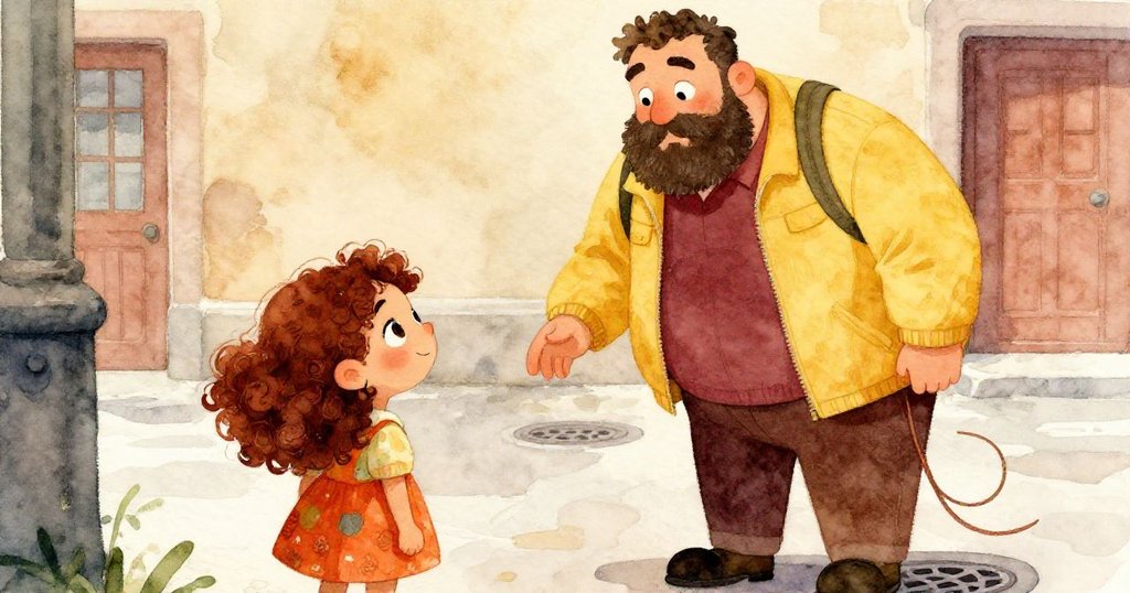 艾拉背對觀眾與穿黃外套的遊客無言交流，遊客彎腰提供鞋帶和小棍，展現互助與關懷情誼。