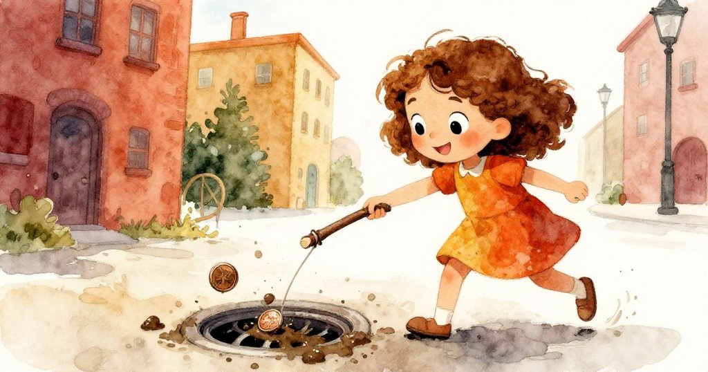 艾拉滿懷決心，用鞋帶綁著的小棍伸進排水溝，小心撿起沾滿泥水的硬幣，展現出勇氣與靈巧。