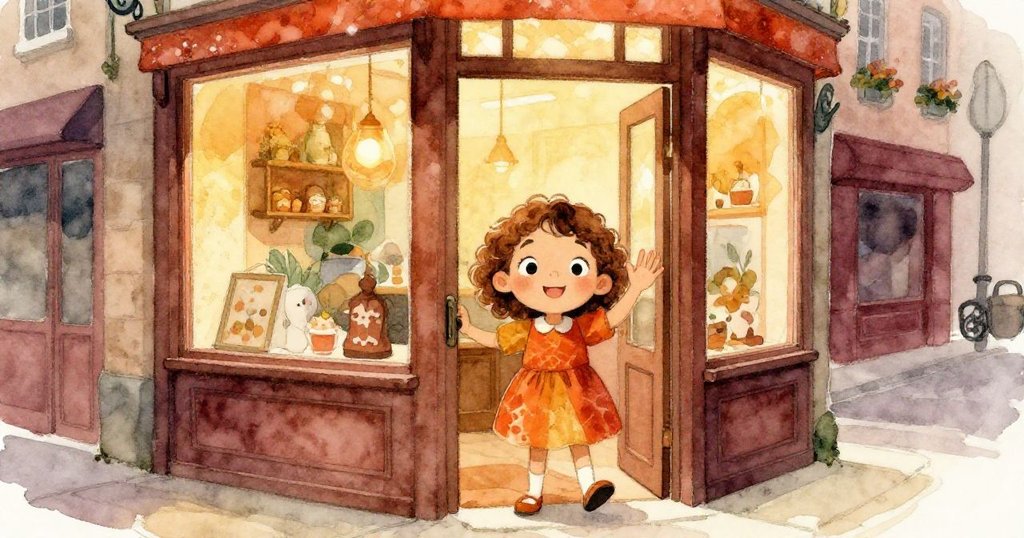 艾拉帶著燦爛笑容揮手告別，跨過繁忙街道推開小店門，溫馨地結束了這段充滿奇遇的冒險。