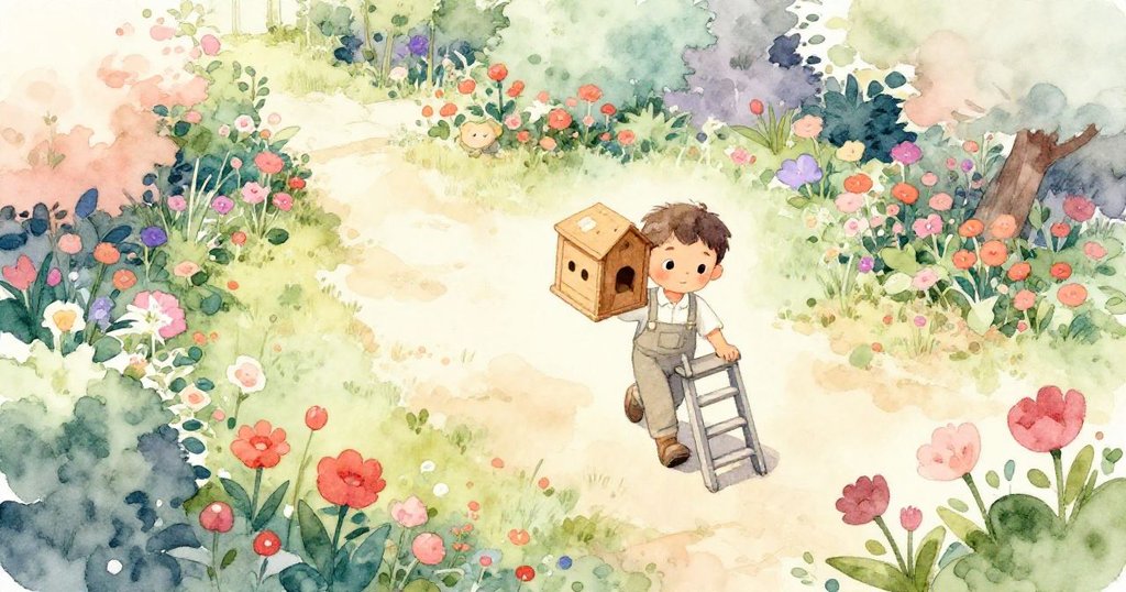 喬納斯手持鳥巢箱與摺疊梯從高空俯瞰陽光花園，草坪花朵輕舞，充滿期待與溫暖，展開尋夢之旅。
