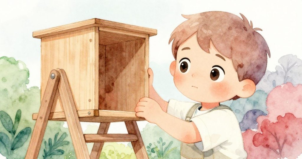 喬納斯專注凝視手中鳥巢箱與梯子的細節，眼神充滿關注與思考，在溫暖綠意背景前呈現細膩情感。