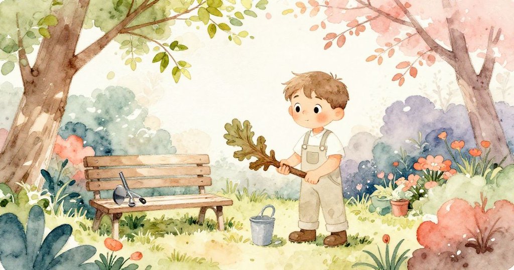 下午陽光灑落花園，喬納斯專注使用工具修補鳥巢箱，嫩葉斑駁中洋溢著春天活力與希望。