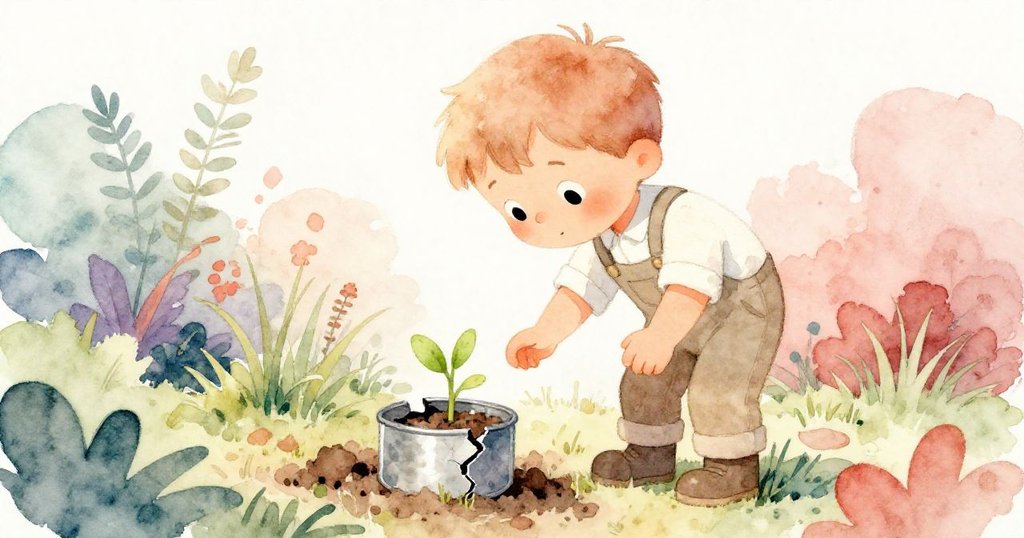 喬納斯彎腰驚喜發現土中露出的錫盒與新生綠芽，臉上洋溢著驚喜與好奇，展示自然生命奮發向上。