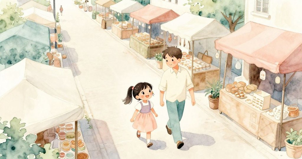 晨光中的市場，Lena與父親沿著石板路前行，背景充滿攤位和人群，充滿期待與快樂的情緒。