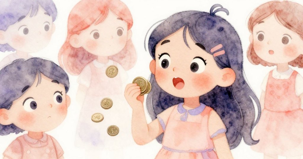 Lena專注地看著手中的硬幣，充滿希望，臉龐上洋溢期待與興奮，背景隱約呈現市場氣息。