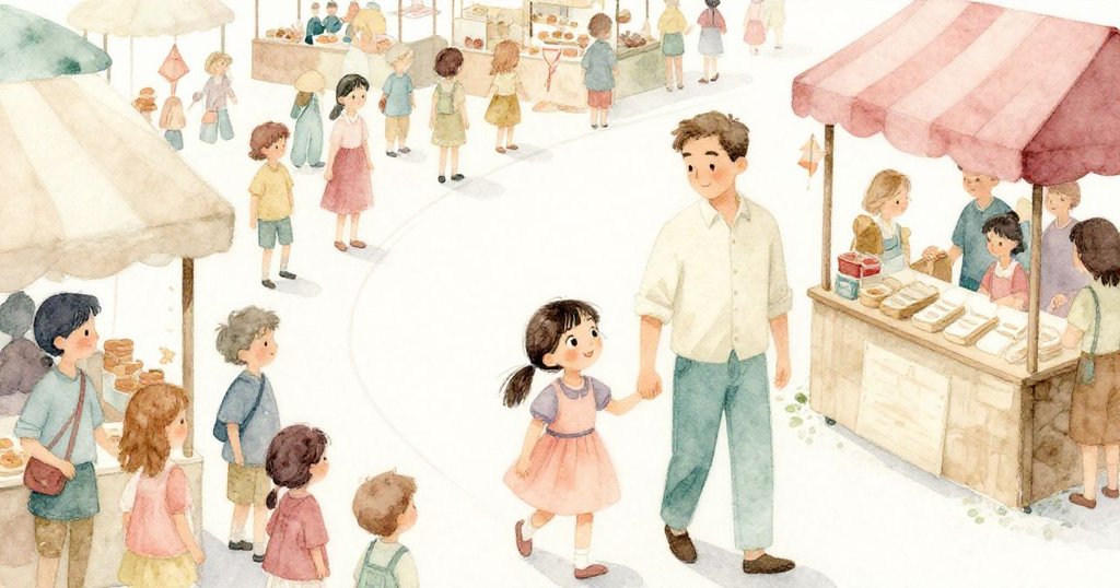 市場中擁擠的隊伍，Lena和父親在紙風箏攤前穿行，眾人互動熱鬧，Lena流露輕微焦急與期待。