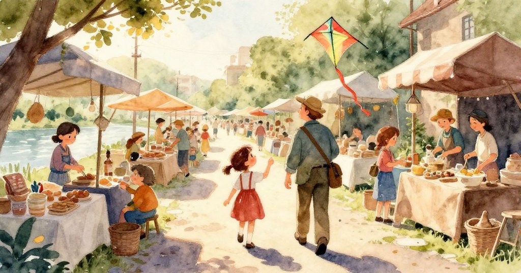 熱鬧市場中，水果車播放音樂向前滾動，不慎撞到風箏桿，眾人露出驚訝與好笑的表情。