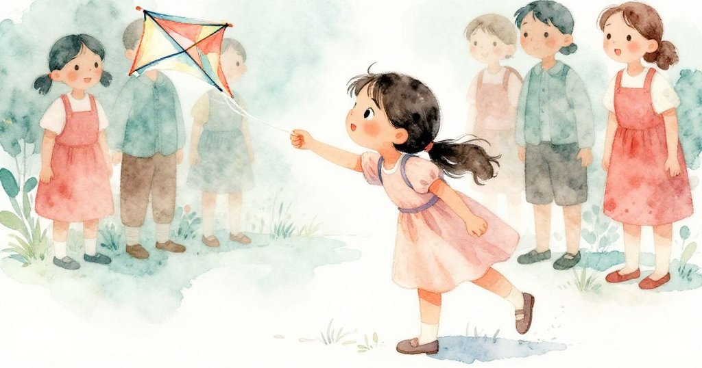 市場中，Lena小心彎身撿拾飄落在鞋邊的風箏，四周人們笑著讓路，表情中帶著既興奮又謹慎的情緒。