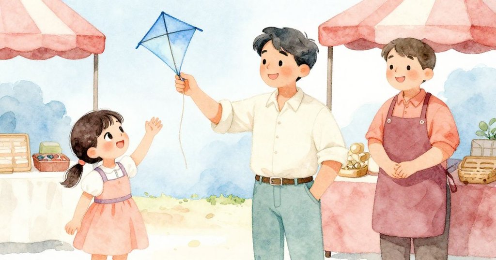 在溫暖市場中，Lena拿著全新的天藍色風箏，與父親及友善的小販交換微笑，畫面充滿喜悅與圓滿的氛圍。