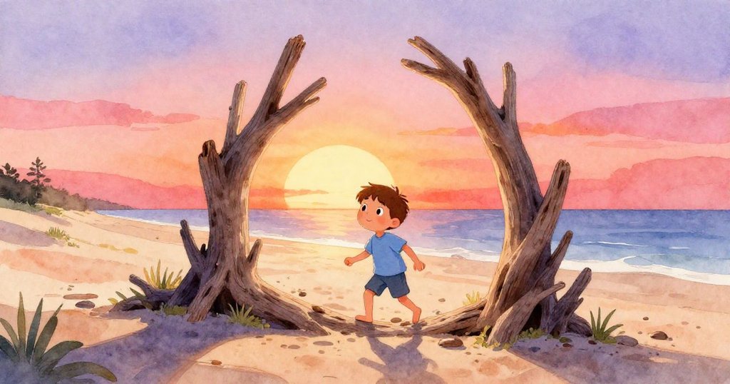 Sam穿過由漂流木組成的門口進入光明海灘，臉上充滿期待與喜悅，展現探險開端。