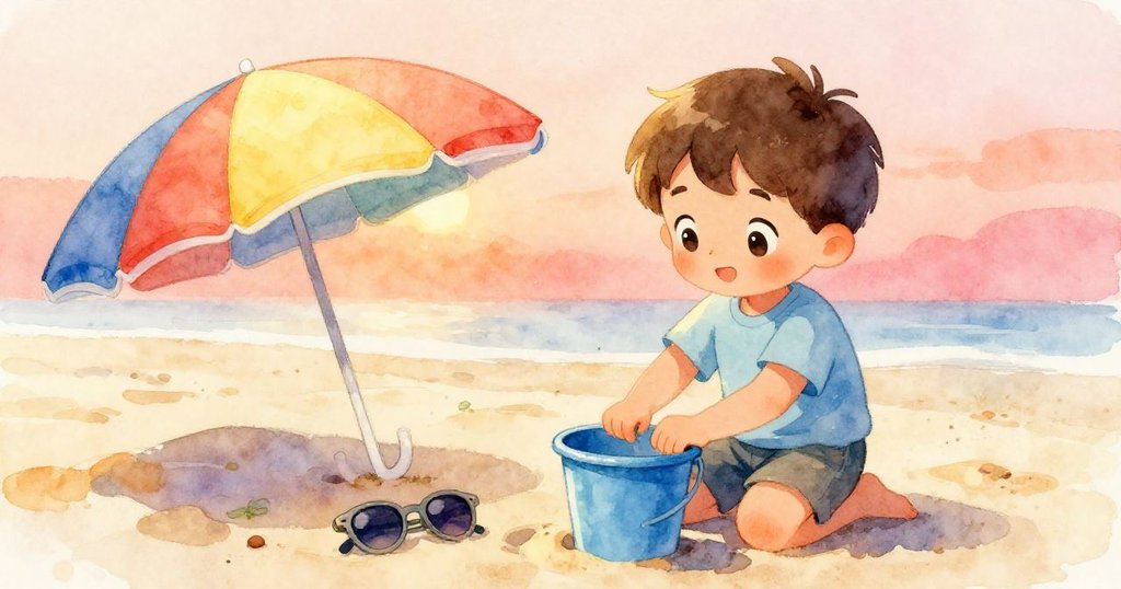 Sam在沙灘上擺放小水桶、彩色海灘傘與太陽眼鏡，手法仔細，環境明亮，展現準備創作沙雕的情景。
