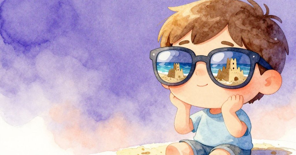 Sam帶著太陽眼鏡凝望海面，眼中映出波光與沙雕，神情沉思細緻，呈現故事發展中的靜謐瞬間。