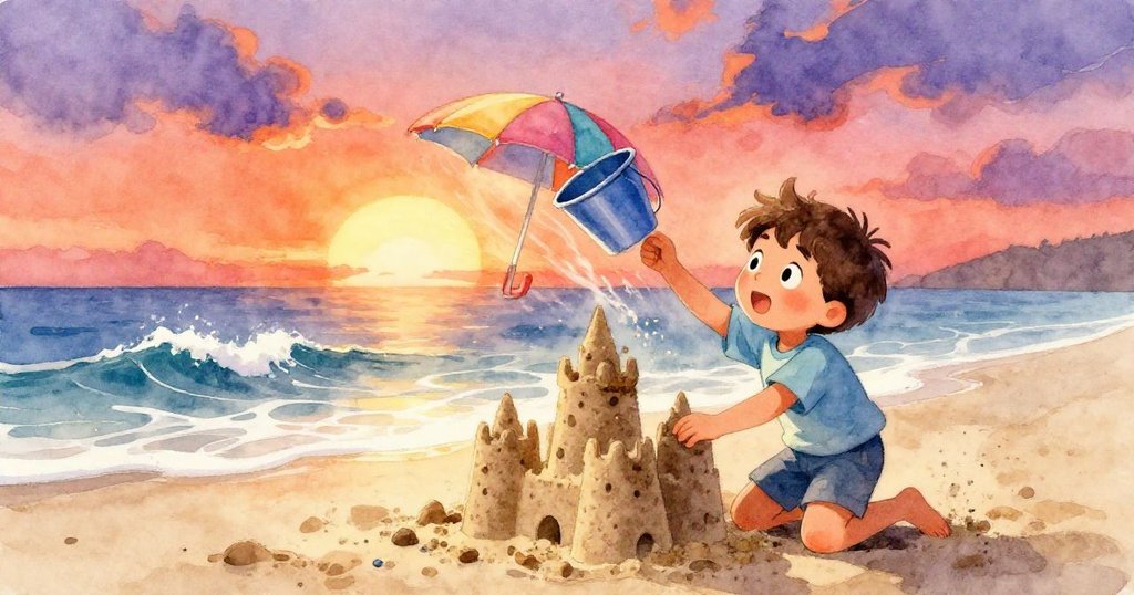 Sam在沙灘上堆沙城堡時，突遇海傘撞桶引發混亂，桶子滑向海邊，他急忙追趕，場面緊張而充滿動感。