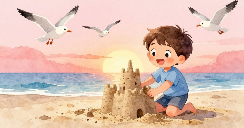 Sam在海浪沖打後重建沙城堡，臉上露出勝利笑容，旁有海鷗圍繞，氣氛慶祝而溫馨，展現決心與喜悅。