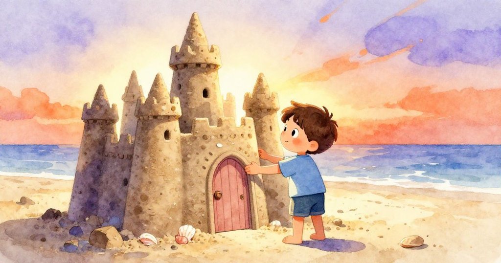 Sam於午後斜陽中完成堅固沙城堡，手持水桶放下貝殼門，臉上滿是驕傲與滿足，場景圓滿結局。