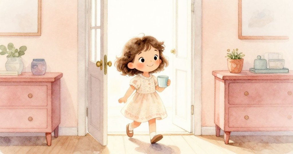 米婭走進明亮房間，手持空杯，臉上滿是期待，房間散發柔和桃色與奶油白光芒，營造溫馨氛圍。