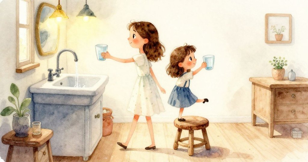 米婭在洗手台前注視高處水龍頭，手握杯子，細節展現杯面光滑與凳子木紋，營造溫柔日常感。