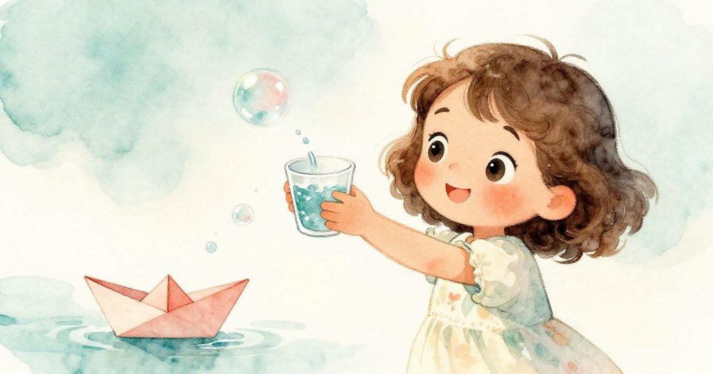 米婭將杯子舉高，水流輕湧進杯中，泡泡破裂變成紙船，展現奇幻瞬間與細膩光影交錯。