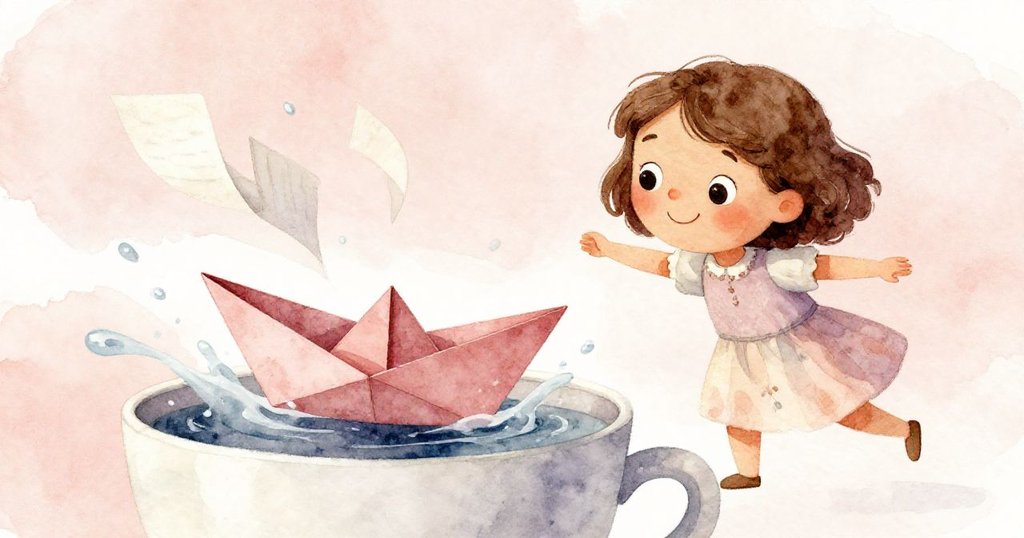 紙船在杯沿嬉戲旋轉，水花濺落至故事書上使頁面飄動，米婭專注目光見證充滿活力的追逐場面。