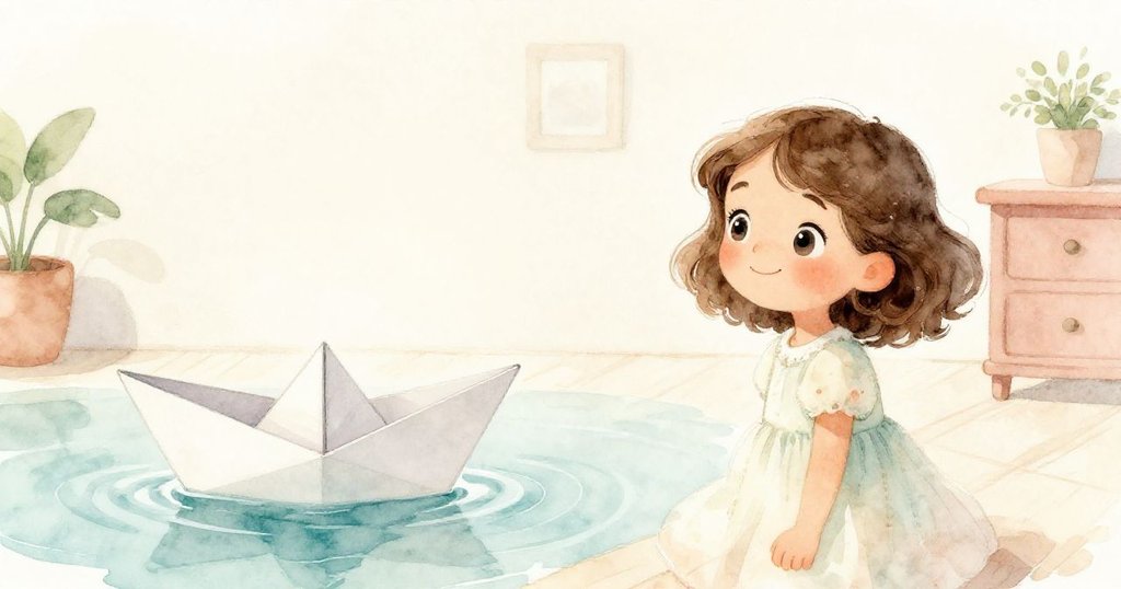 米婭靜坐於寧靜房間中，水面平靜，紙船已沉，溫柔微笑流露對奇妙冒險的回憶與感激。