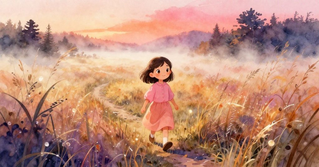 莉娜在晨霧中走在高高的露珠草原上，手持小籃子，臉上流露出平靜與期待，背景顯現遠處小鎮。