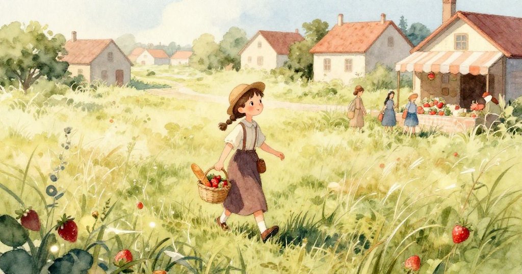 莉娜的手急忙伸向彈跳的紅莓，籃子手柄斷裂，濕潤草地上展現細膩紋理，場景充滿緊張與急促感。