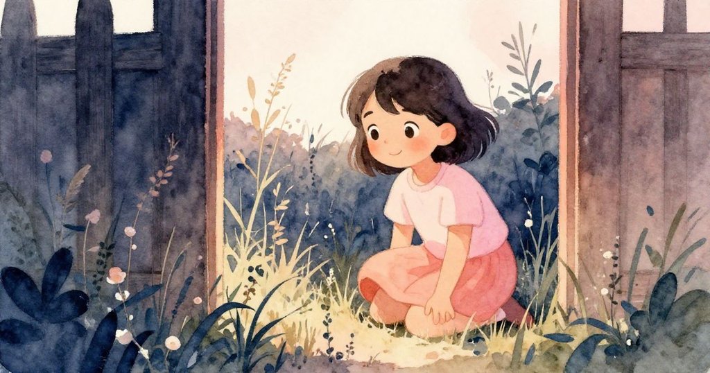 莉娜蹲在高高的野草中，透過籬笆缺口望向散落的莓果，臉上充滿急切與專注，場景充滿溫暖柔光。