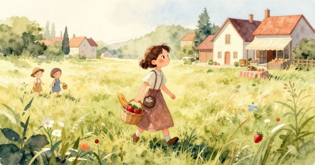 一隻溫柔的山羊在籬笆旁輕輕觸碰一顆莓果，推動隱藏的石頭，露出閃亮金幣，場景充滿溫暖夕陽光芒。