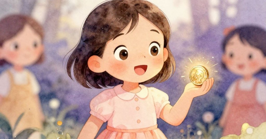 莉娜驚喜地拿起閃亮的金幣，臉上滿是喜悅和驚奇，細膩描繪出情感變化，背景柔和且充滿希望感。