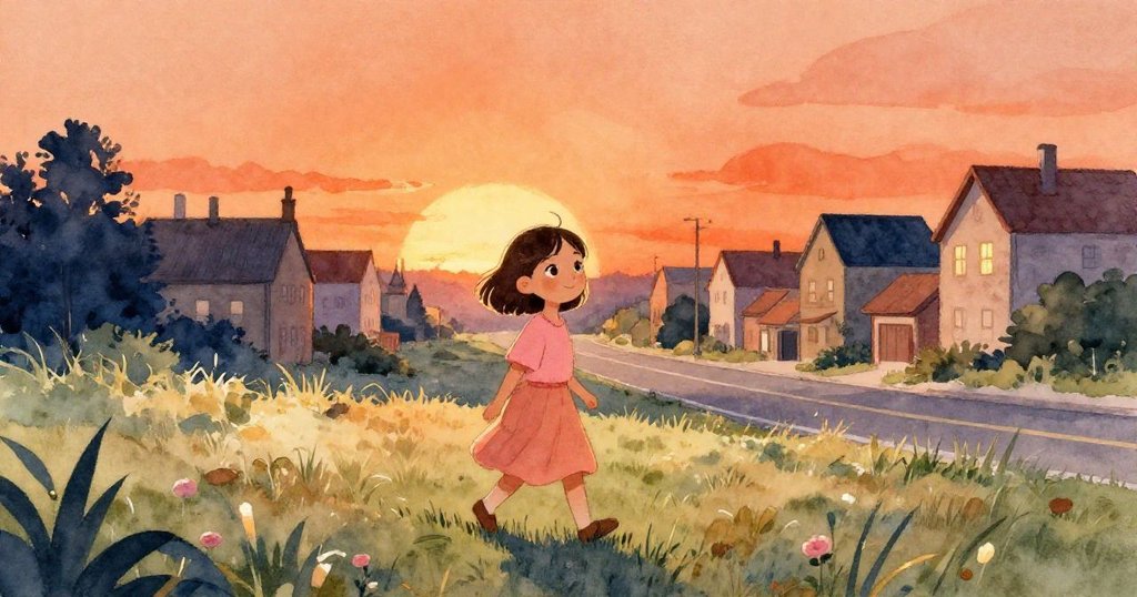 莉娜牽著裝滿莓果與金幣的籃子，自信地踏上通往城鎮的道路，背影洋溢著滿足與前程的希望，周圍景致溫暖明亮。