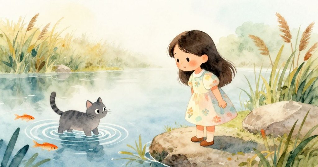 Mila坐在池塘邊,溫暖早晨中,灰貓追看水中魚群,周圍有細小蘆葦與堅定石頭,畫面平和明亮。