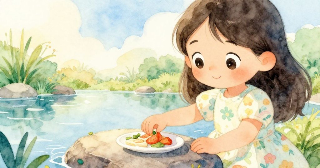 Mila專注眼神充滿好奇,輕放食物於光滑石面,展示早晨池塘邊的細膩互動。