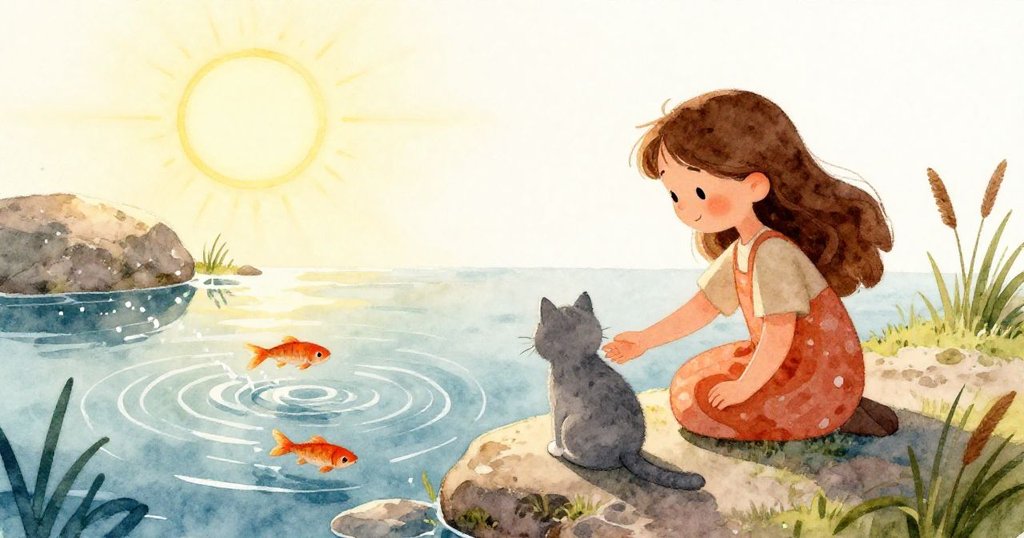 食物置於堅定石頭上,池塘鏡像中呈現橘魚嬉戲與細膩水波,溫柔早晨光影下顯現自然之美。