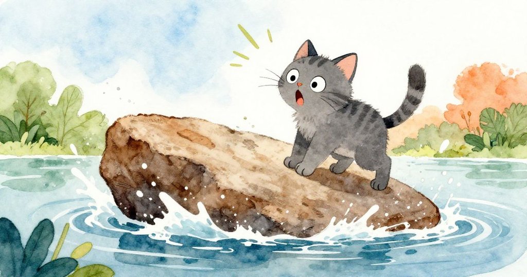 灰貓接近石頭時,石面突然傾斜並濺起水花,牠驚慌迅速撤回,捕捉緊急瞬間的活力。