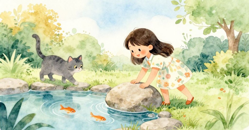 Mila溫柔地推移新大石,灰貓穩爬石上搖尾,橘魚重拾悠遊圈舞,平靜花園迎來圓滿結局。