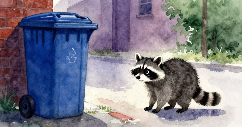 黎明時分的後街中，狸貓在藍色回收箱前準備推動，背景濕潤磚牆和柔和曙光中展現出學習般的期待。