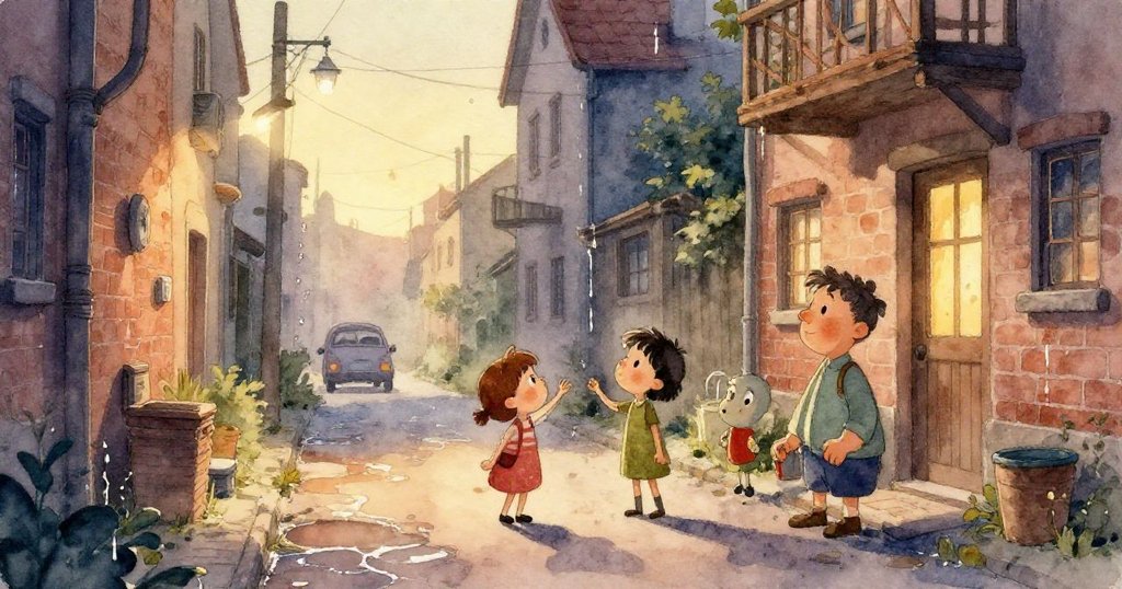 狸貓的臉部特寫展現出決心與驚訝，牠盯著藍色回收箱上的鎖鉤，晨光映照下背景充滿柔和都市氣息。