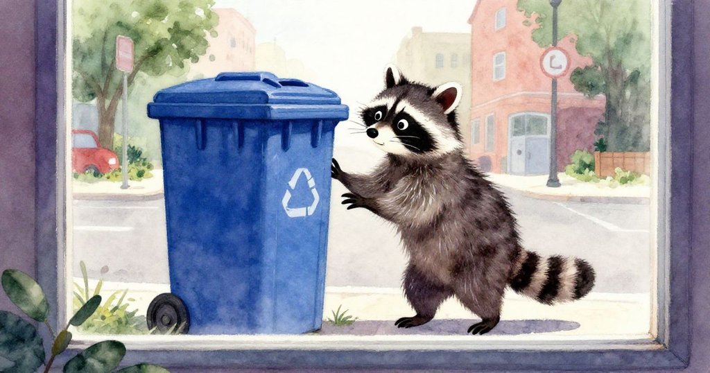 透過曇光窗戶可以看到狸貓正和藍色回收箱互動，背景後街在晨光中展現微妙都市細節，充滿溫馨與好奇。