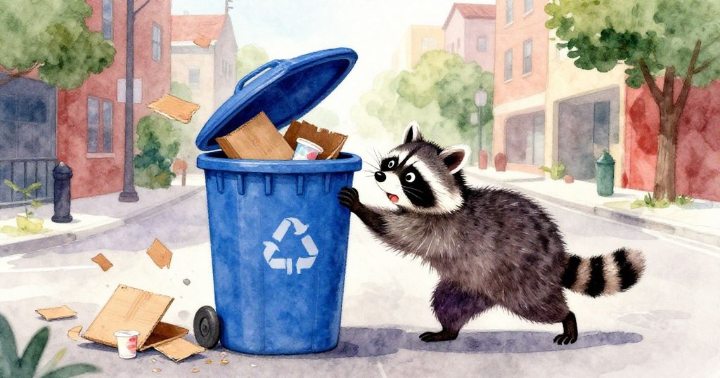 晨曦中後街寬闊場景裡，狸貓用力推動藍色回收箱，蓋子翻起伴隨清脆聲響，紙箱和裂痕優酸奶杯飛舞，呈現熱鬧動感。