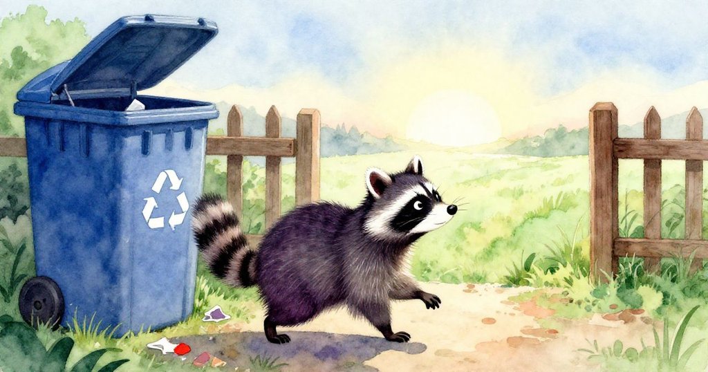 狸貓平靜離開混亂的回收箱現場，邁向遠處開放的圍欄和光明前方，晨光映照中充滿希望與新起點的感受。