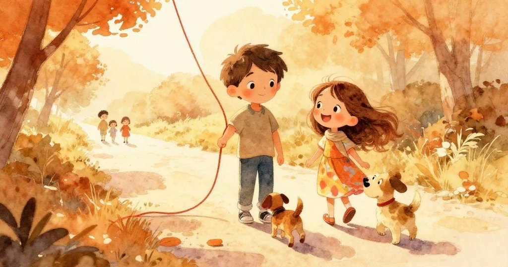 山姆牽著紅繩與米婭和快樂的狗帕奇在陽光下散步，遠處有動物園入口，表情柔和期待。