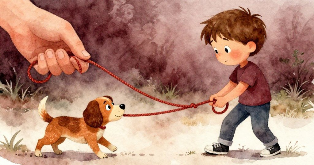 山姆專注地緊握著紅繩，繩子細節清晰可見，帕奇輕輕拉扯，背景隱約顯示寧靜小徑，溫暖細膩。