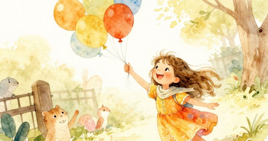 米婭充滿喜悅地揮手向五彩氣球致意，畫面傾斜呈現動感，背景隱約透露動物園入口，充滿歡樂氣氛。